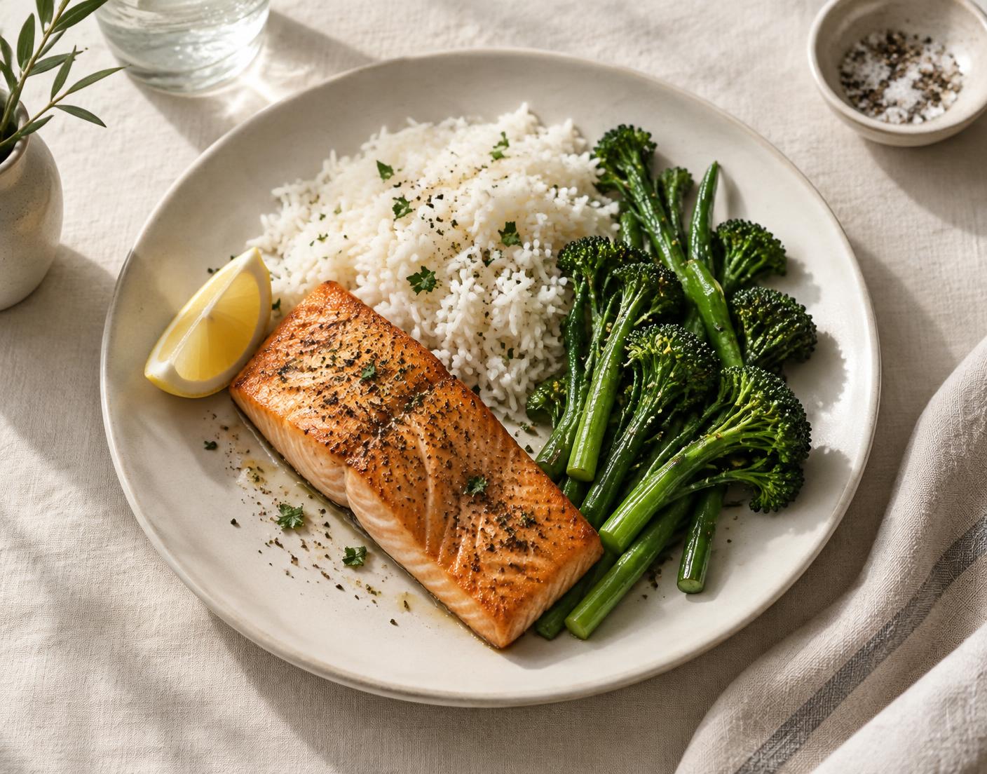 Salmon, rice and greens on a ceramic plate
